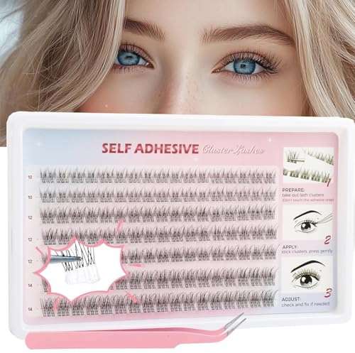 119 Pcs Pre Glued Cluster Lashes Kit with Tweezer - Self Adhesive Individual Eyelashes, 10-14mm Wispy Press-On Lashes, Reusable & Easy to Apply, No Glue Needed