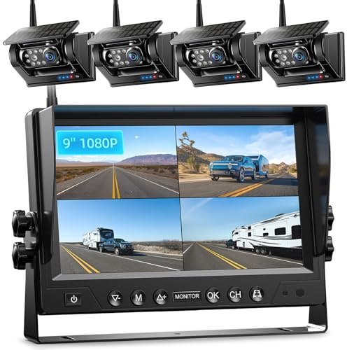 4 Magnetisch Solar Rückfahrkamera Kabellos HD1080P | 9'' Loop Aufnahmemonitor, kabelloses Quad RV Rückfahrkamera System für Anhänger, Wohnmobile, Eingebauter 9600 mAh Solar Akku
