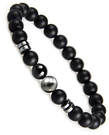Generisch Handgemachtes Herren Armband – 8mm Onyx Naturstein mit 925er Silber Kugel – Elastisches Perlenarmband – Geschenk für Männer – Made in Germany