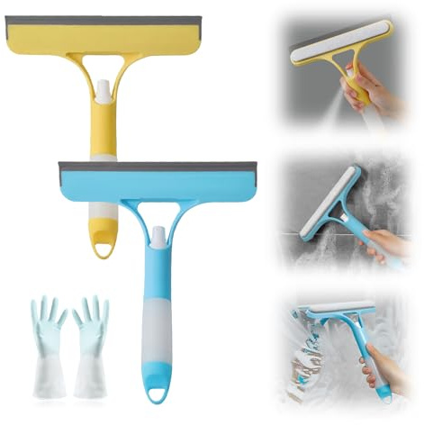 2Pcs 3 in 1 Window Cleaning Scraper, 2025 Window Squeegee Glass Cleaning with Spray, New Glass Cleaner Tool for Shower Glass, Window Cleaning Equipment for Mirrors Kitchen Bathroom(Blue + Yellow)