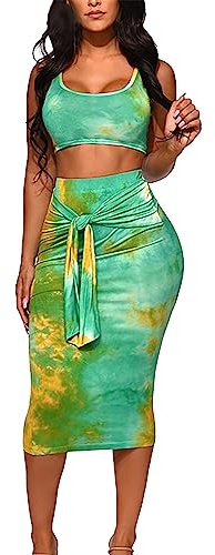 Skirts Set Women Tie Dye Print Umbilical Cord Tight Package Hip Fashion Suit (Mint Green, M)