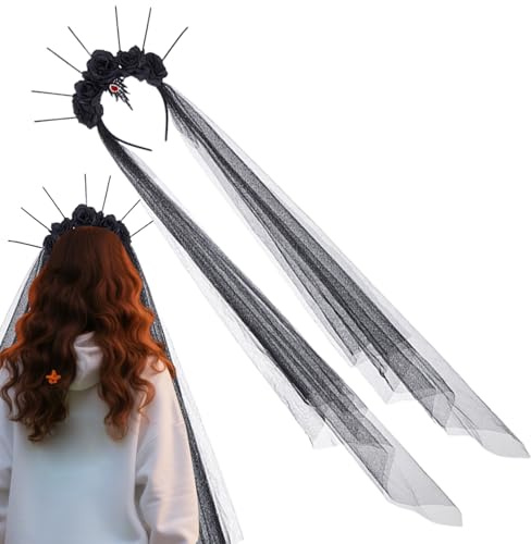 Niesel Diadem für Halloween, Haarreif, Vintage, mit schwarzen Rosen und Schleier, Kopfschmuck für Tag der Toten, Kostüm, für Karneval, Partys, Hochzeiten, Cosplay