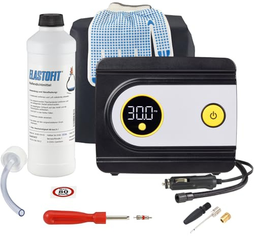 ELASTOFIT Basic IID Reifen Pannenset Kompressor Reifendichtmittel | Reparaturset Dichtmittel mind. 10 Jahre haltbar. Digitaler 12V Kompressor