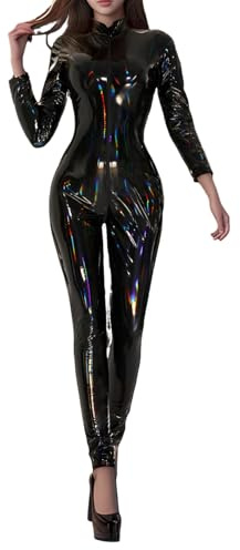 Sywiyi Dam wetlook bodysuit overall PU-läder catsuit jumpsuit med tillbehör mask handskar strumpor kattkostym set cosplay outfit body L