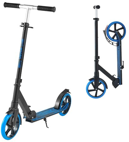 VEVOR Monopattino con 2 Ruote per Bambini da 8 Anni, Monopattino Pieghevole per Mobilità Urbana Carico max. 100kg Altezza Regolabile a 3 Livelli, Pedana Antiscivolo e Freno a Pedale, Blu