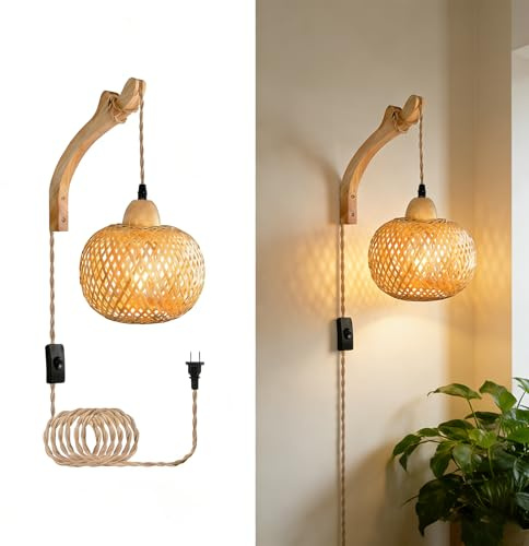 COOINJOY Holz Innen Wandleuchte, Vintage Wandlampe mit Stecker und Schalter, E27 Retro Bambus Laterne, Rattan Nachttischlampe für Wohnzimmer, Schlafzimmer, Treppen, Flur (Ohne Glühbirne)
