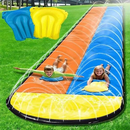 Generisch Wasserrutsche Garten für Kinder, 488 * 162CM Dreispurige Rutschbahn mit 2 Bodyboards, Wasserbahn Kinder Draußen mit Sprinkler für Erwachsene, Sommer Wasserspielzeug