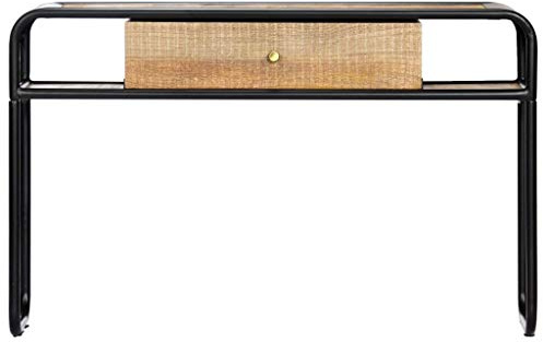YUTAASU Vintage Konsolentisch aus massivem Mangoholz, 118 x 30 x 75 cm, mit 1 Schublade und 2 Fächern, Stabiler pulverbeschichteter Stahlrahmen, Flurtisch im Shabby-Chic-Stil, montiert