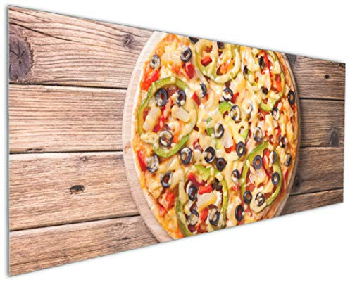 Wallario Küchenrückwand aus Glas 125 x 50 cm, Motiv: Italienische Pizza mit Peperoni, Oliven. Paprika und Käse | Spritzschutz abwischbar & pflegeleicht