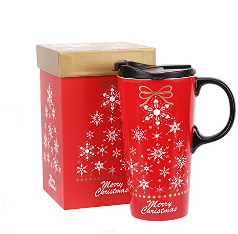 Topadorn Christmas Ceramic Mug Coffee Cup with Sealed Lid and Matched Gift Box Latte Mug 17oz(Snowflake)