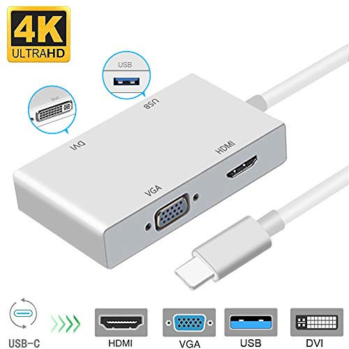 weton USB C auf DVI Adapter, USB 3.1 Type C zu 4K DVI HDMI, 1080P VGA USB 3.0 USB HUB Multiport Videokonverter für MacBook Pro/Chromebook Pixel zu HDTV/Monitore/Projektor