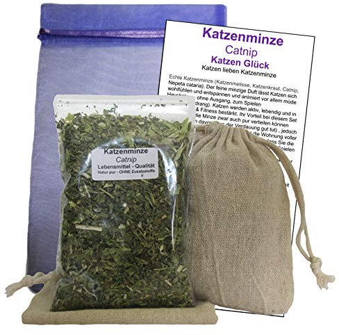 2 x KATZEN lieben Katzenminze CATNIP Katzen Glück a 120ml (240ml). Lebensmittel Qualität + 2 x NATUR Stoffbeutel. 6-tlg Set FREUDE & ENTSPANNUNG für Katzen (4 x ZUBEHÖR). 81950-1