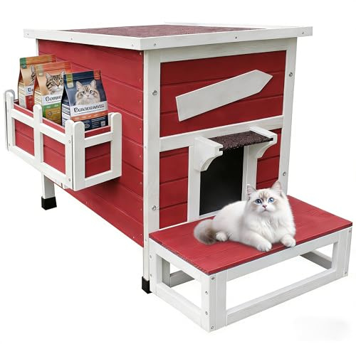 Rockever Outdoor Cat House, Large Outdoor Houses for Feral Cats Wooden Outside Cat Shelter Weatherproof with Escape Door-Red