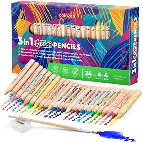 colozoo Gecko Wood 3 In 1 Buntstifte Kleinkinder Set | 24 Dicke Malstifte Set inklusive Pinsel und Anspitzer | Ungiftige und Vegane Stifte für Kinder ab 3 Jahren
