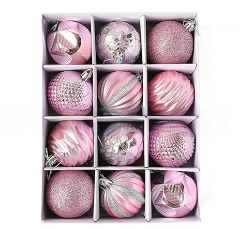 12er Set edle Weihnachtskugeln Ø 6cm Weihnachtsbaum Kugeln Christbaumkugeln Weihnachts-Deko Christbaum-Schmuck (Rosa)