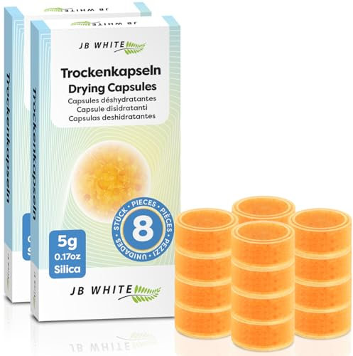 JB White 16 Trockenkapseln für Hörgeräte, Universal Kieselgel Trocknungskapseln mit Farbindikator, Trockentabletten Zubehör zum Trocknen von Hörgeräten (20% mehr Inhalt, 5g, einzeln versiegelt)