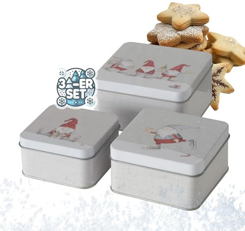 CasaJame 3er Set Metall Keksdose Plätzchendose eckig Wichtel mit Schlittschuhen sortiert 9-12cm
