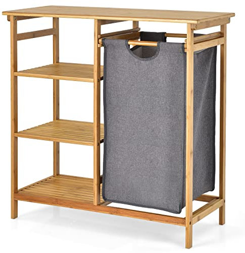 Multigot Bamboo Laundry Hamper, Dirty Clothes Laundry Basket with Removable Pull-Out Bag & 3-Tier Open Shelves, Bathroom Floor Cabinet Laundry Storage Organizer Shelf for Bedroom Laundry Room