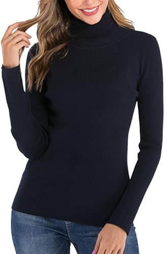 Suéter Cuello Alto Pullover Mujer Tops Manga Larga Otoño Suéter de Punto Suter Cálido y Elegante Suéter Jersey Calcetín Moderno Básico Invierno Azul Marino B XXL