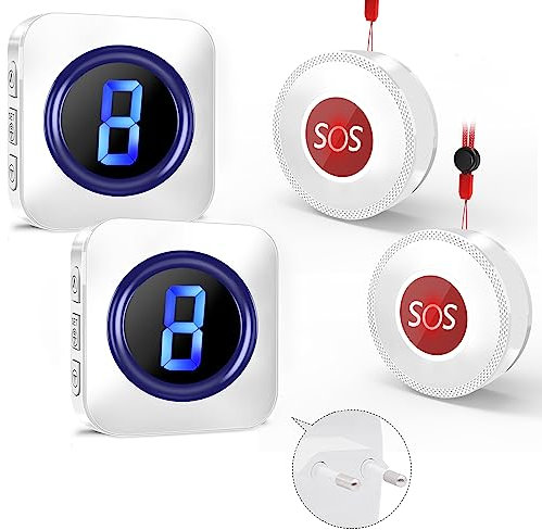Timbre para Personas Mayores, Botón de Llamada de Emergencia para Ancianos, Caregiver Pager Botón, Alarma SOS Inalámbrico Paciente Personal Edad Avanzada 2 Transmisores y 2 Receptores