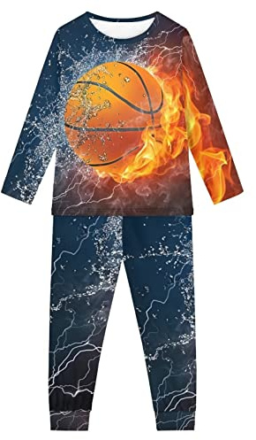HUGS IDEA Ensemble de pyjama 2 pièces à col rond et manches longues avec pantalon de détente pour garçons et filles, Ballon de basket Fire, 11-12 ans