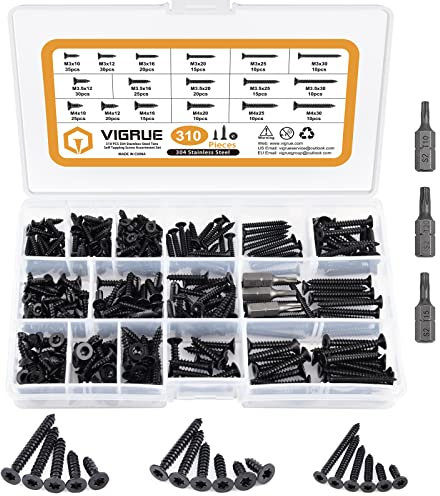 VIGRUE 310 Stück Edelstahl Torx Blechschrauben Sortiment Set M3 M3.5 M4, Universalschraube, Schrauben mit Senkkopf, Vollgewinde Holzbauschrauben, Selbstschneidende Schrauben Mit 3 Stück Bits Schwarz