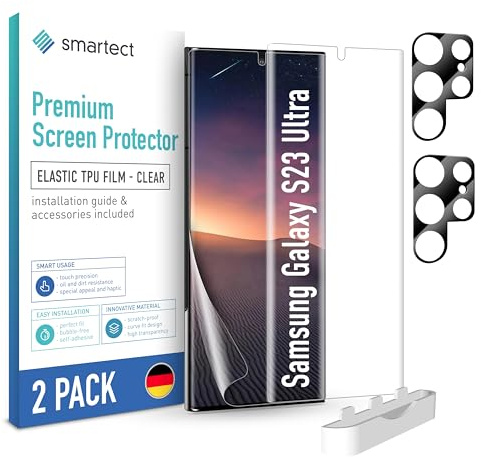 smartect TPU Schutzfolie 2 + 2 Stück für Samsung Galaxy S23 Ultra | Displayschutz + Kameraschutz, HD Panzerfolie Anti-Kratzer, Ultra-klar, Blasenfrei, Fingerabdruck kompatibel, Hüllenfreundlich