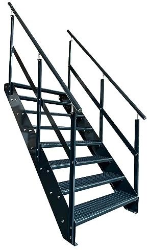 Kaminbau Mierzwa Premium Stahl Treppe mit Beidseitigem Geländer in komplett Anthrazit RAL 7016/8 Stufen (Breite 600 mm) (Höhe 152 cm) Wetterfest Gitterroststufe Gartentreppe