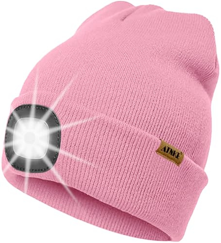 ATNKE LED Beleuchtete Mütze mit Licht,Wiederaufladbare USB 4 LED Beleuchtete Laufmütze Extrem Heller Lampe Winter Warme Stricken Mütze Technik Geschenke für Herren und Damen