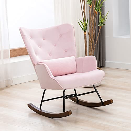 Schaukelstuhl Schaukelsessel Samt Sessel Wohnzimmer mit Metallgestell und Holzsockel Skandinavischer Polstersessel Moderne Sessel Relaxstuhl für Schlafzimmer Kinderzimmer Hotel Rosa