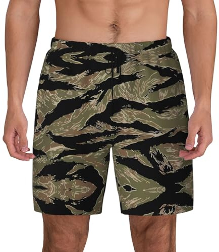 Tiger Stripe Camo Short de bain pour homme Séchage rapide Imprimé 3D Short de plage avec poche pour téléphone, noir, Large