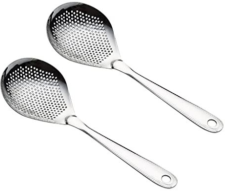 Cuchara Ranurada Skimmer de cocina Juego de 2 piezas Colador de acero inoxidable Colador de mango grueso Colador de cocina Skimmer de orificio pequeño, fácil de usar, 12.7 × 3.9 pulgadas Espumadera Cu