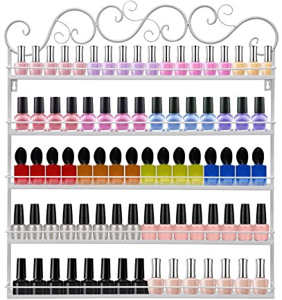 NIGORIY Nagellack Regal Metall, Rechteckig, 5-Tier Weiß Nagellackregal, 66x70cm Nagellack Organizer Regal Display, Wandregal mit Schutzstreifen Parfümständer, Kosmetikständer, Aromatherapie-Ständer