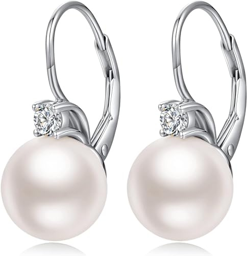 Miaofu Perlen Ohrringe Hängend 18K Weißgold plattiert S925 Sterling Silber mit Weißen Perlen und AAAAA Zirkonia Kristallen für Damen