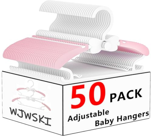 WJWSKI Kleiderbügel Kinder, 50 Stück 29-37CM Mitwachsende Kinderkleiderbügel Stapelbare Baby Kleiderbügel mit Hosenständer Platzsparend Kinderbügel rutschfeste Kunststoff Baby Bügel(Rosa)