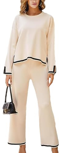 Woolicity Two-Piece Women's Leisure Suit Langarm Strickpullover Ribbed Knitted Jumper with Lange Hose mit Weites Bein Elastische Taille Lounge Set Freizeit Outfit