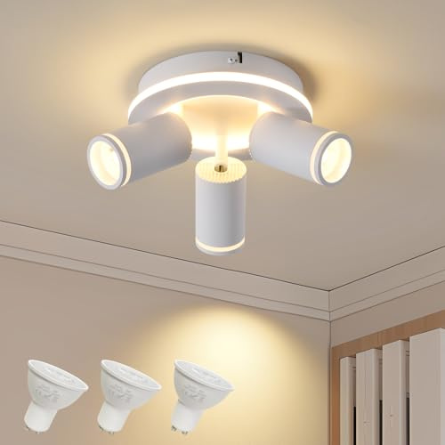 SANSHI Orienterad rund takspotlight, 3 LED-spotlights 350° svängbara taklampor, modern belysning med nedre glöd 15 W + 3 x 5 W GU10, varmvit 3 000 K väggspotlight för kök vardagsrum, vit