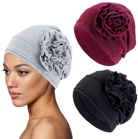 FFDHWU Women's Turban Hats, 3 Pack Floral Knitted Turbans, Black, Burgundy, Light Gray
