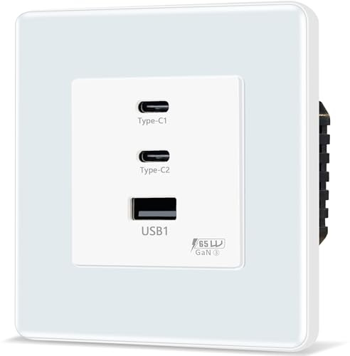 TAWOIA Prise Schuko USB-C 65W pour téléphones tablettes et ordinateurs portables, interface de charge rapide 2,5D, plaque en verre incurvé, prise murale encastrée, blanc
