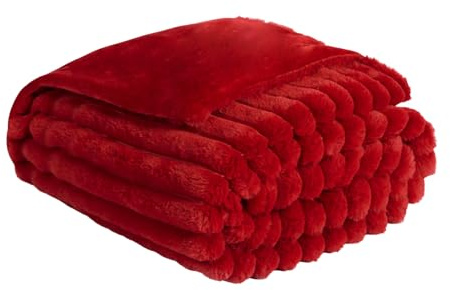 OHS Throws for Sofa Ribbed Faux Fur, Decorative Thick Soft Blanket Bed Throw Cosy Warm Winter Blanket Throws for Sofa Decorative Couch Cover, 125 x 150cm - Red