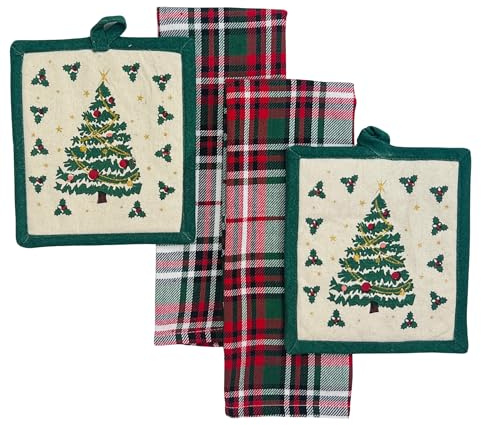 Winter Christmas Kitchen Towel and Pot Holder Set: Traditional Cotton Traditional Christmas Tree, 4 Pc