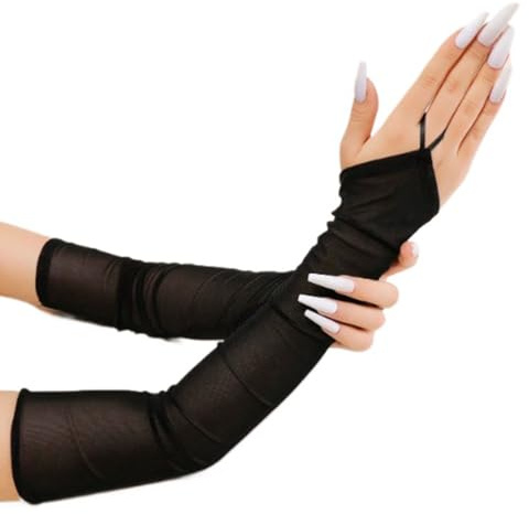 Amazleer Guanti lunghi senza dita da donna, in tulle, in rete, ideali per matrimoni, matrimoni, opere, feste, costumi di Halloween, nero, taglia unica