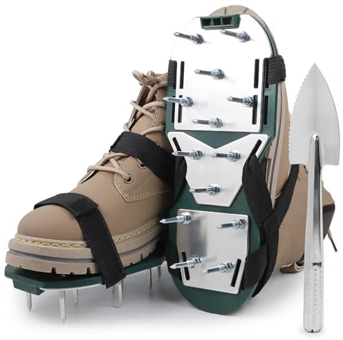 lalago 1 Pair Lawn Aerator Shoes Spiked Green, Sandal Leveling for Ventilator with Velcro and Spatula, Manual Aerator Scarifier, Aerating Shoes for Yard Garden