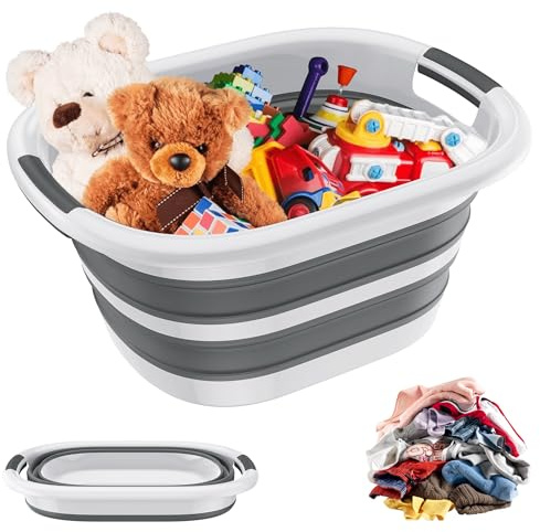YRHome Faltbarer Wäschekorb Plastik Wäschekorb Grau aus Kunststoff Aufbewahrungsbehälter Waschbehälter Tragbarer Wäschewanne Weiß Laundry Baskets mit Griff für Waschküche Badezimmer - 26L - 53x38x23cm