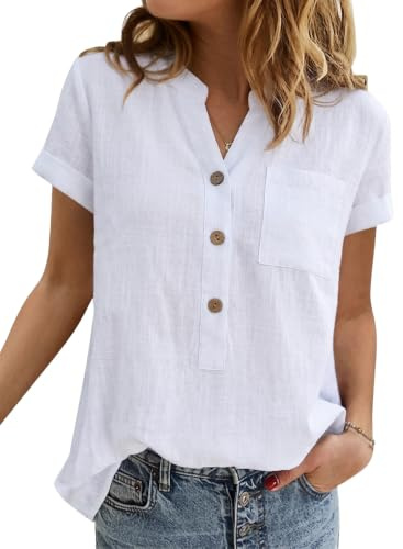 YUTILA Damblus kortärmad linne Henley sommarblus med bröstfickor, Vit, XL