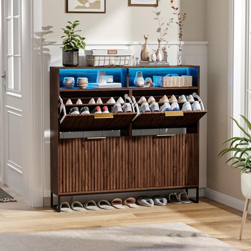 Bonnlo Shoe Cabinet with 4 Flip Drawers, Mid-Century Modern Design, Space-Saving Hidden Shoe Storage with LED for Hallway Organization (Walnut)