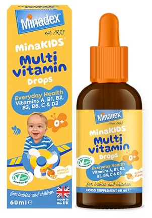 Minadex MinaKIDS Multivitamin Drops – 7 Essential Vitamins A, B1, B2, B3, B6, C & D3 (400IU), Yummy Orange Flavoured Formula Loved by Babies and Children, Vegan, 60ml