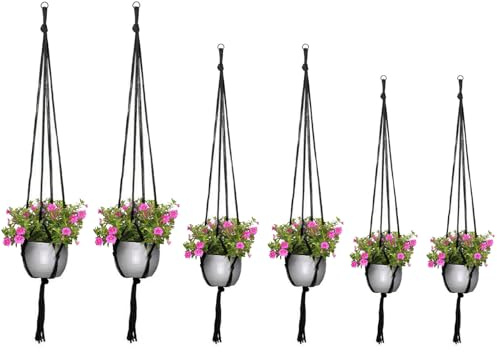 vcsjw 6 Stück Blumenampel Schwarz Baumwollseil Makramee Hängeblumentöpfe,Blumenampel Hängend Innen Außen 60/80/100cm Hängetopf für Pflanzen Hängepflanzen Topf für Decken Balkone Wanddekoration