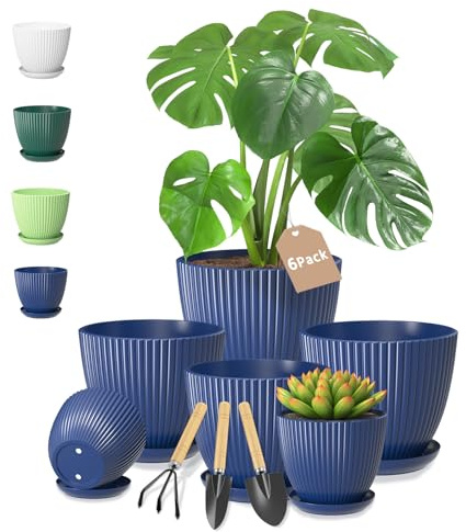 VASZOLA Lot de 6 pots de fleurs bleus en plastique avec trous de drainage et soucoupe pour fleurs d'intérieur, taille moyenne à petite, 19,5/16,5/14,9/10,6/8,9 cm, pot rond décoratif pour la maison