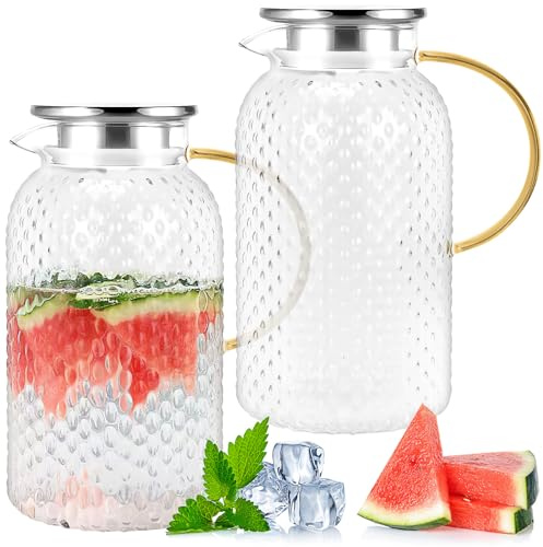 2 Pack 2 L Glass Water Jug with Lid, Clear Borosilicate Pitcher